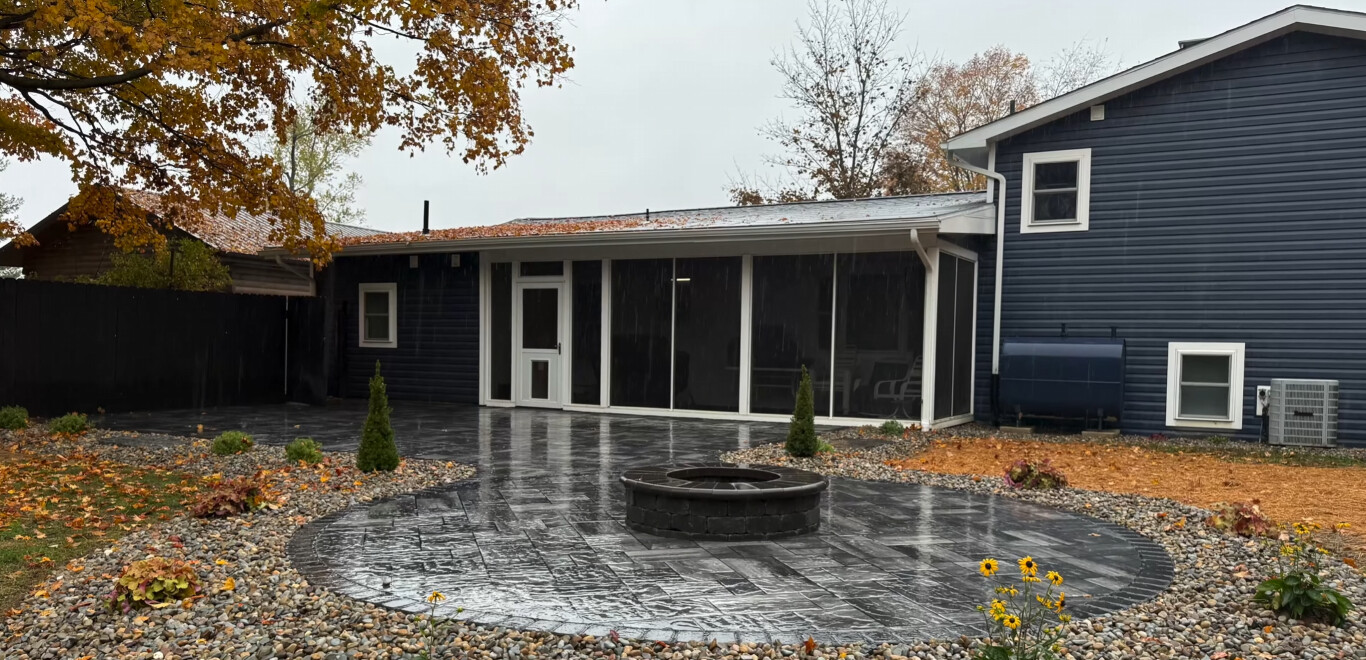 Custom stamped concrete patio with fire pit in West Haven, CT